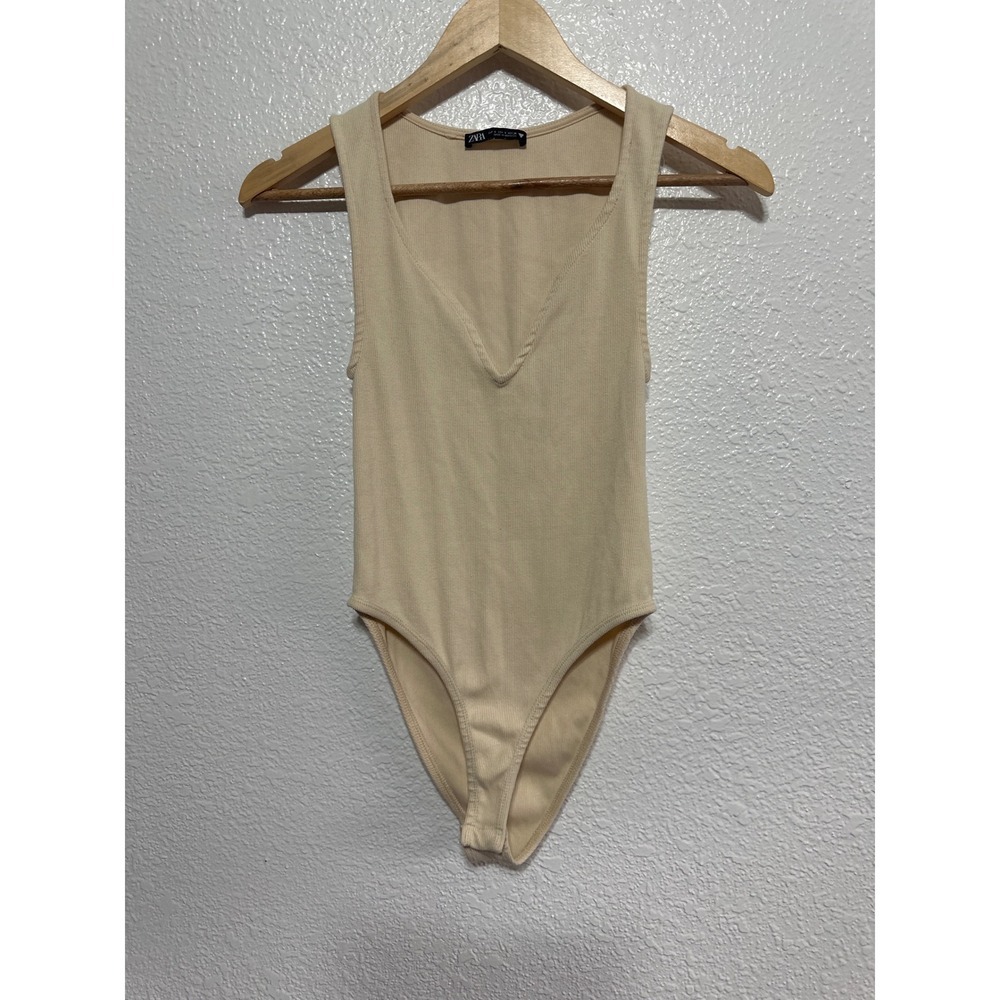 Zara Ribbed Tank Bodysuit Sleeveless Deep V Neck Beige Women's Size S